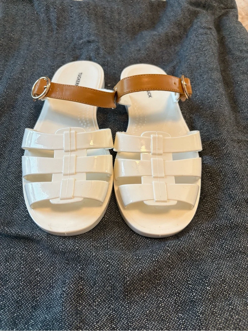 Tuckernuck White Sandal Slides with Tan Buckle Strap - Picture 3 of 5